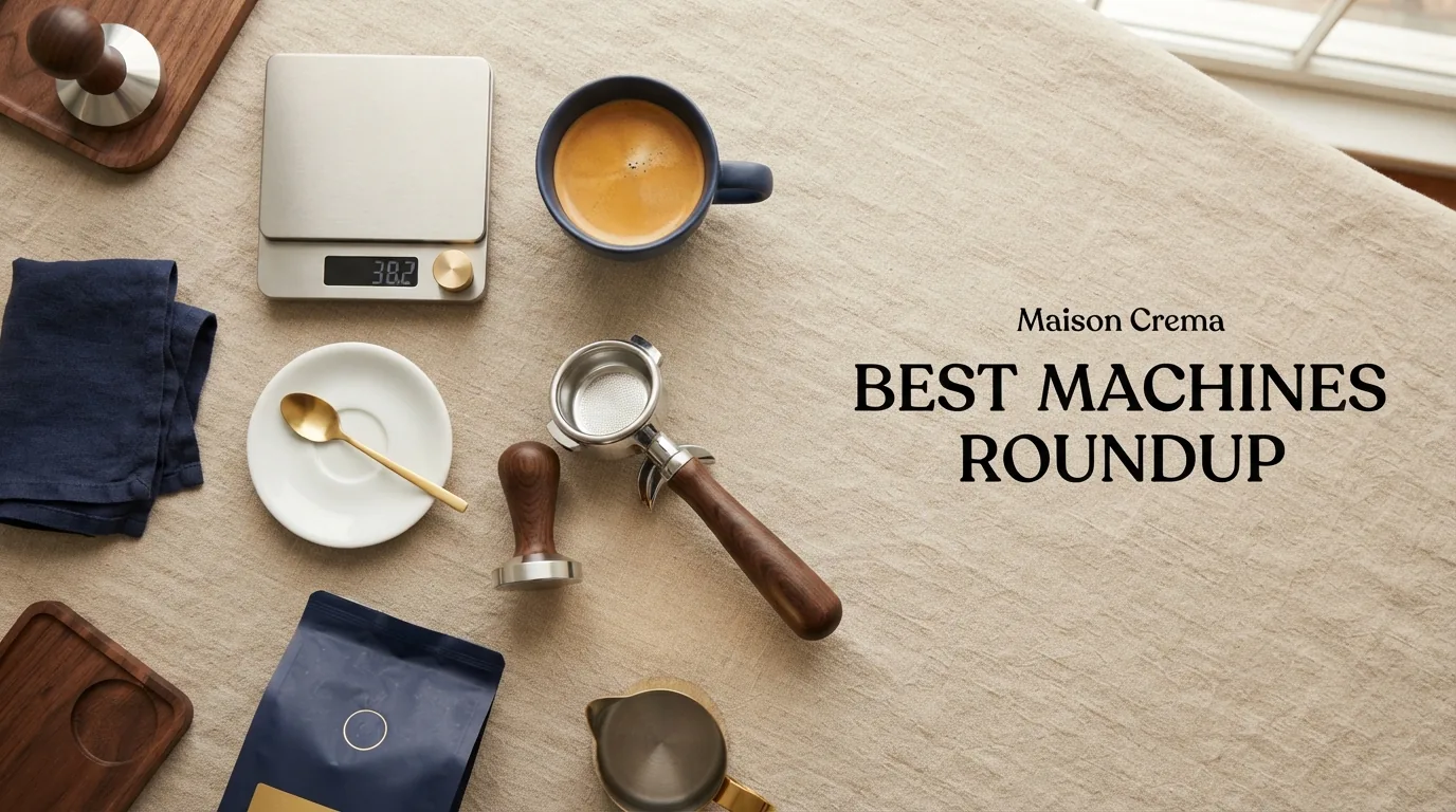 A lineup of premium espresso machines, styled for a high-end gift guide