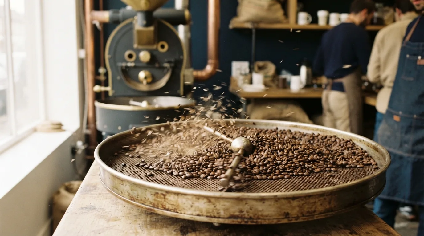 Freshly roasted coffee beans and chaff cooling after a home roast