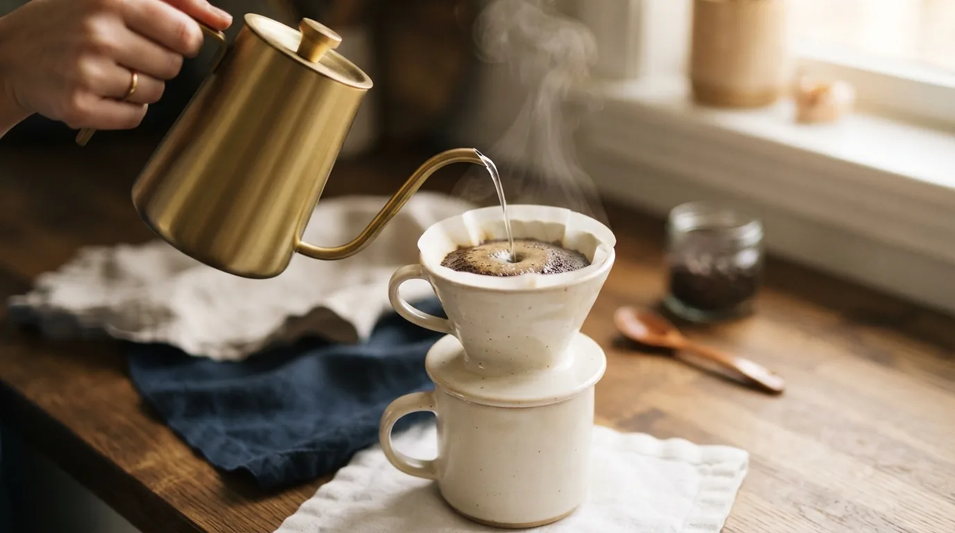 Coffee brewing cream and crema being poured into a cup