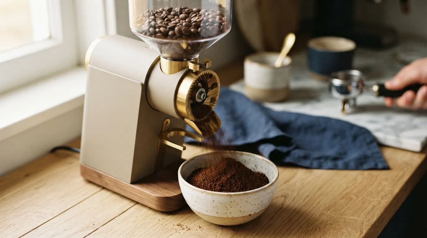 Close-up of a conical burr grinder dispensing fresh coffee grounds