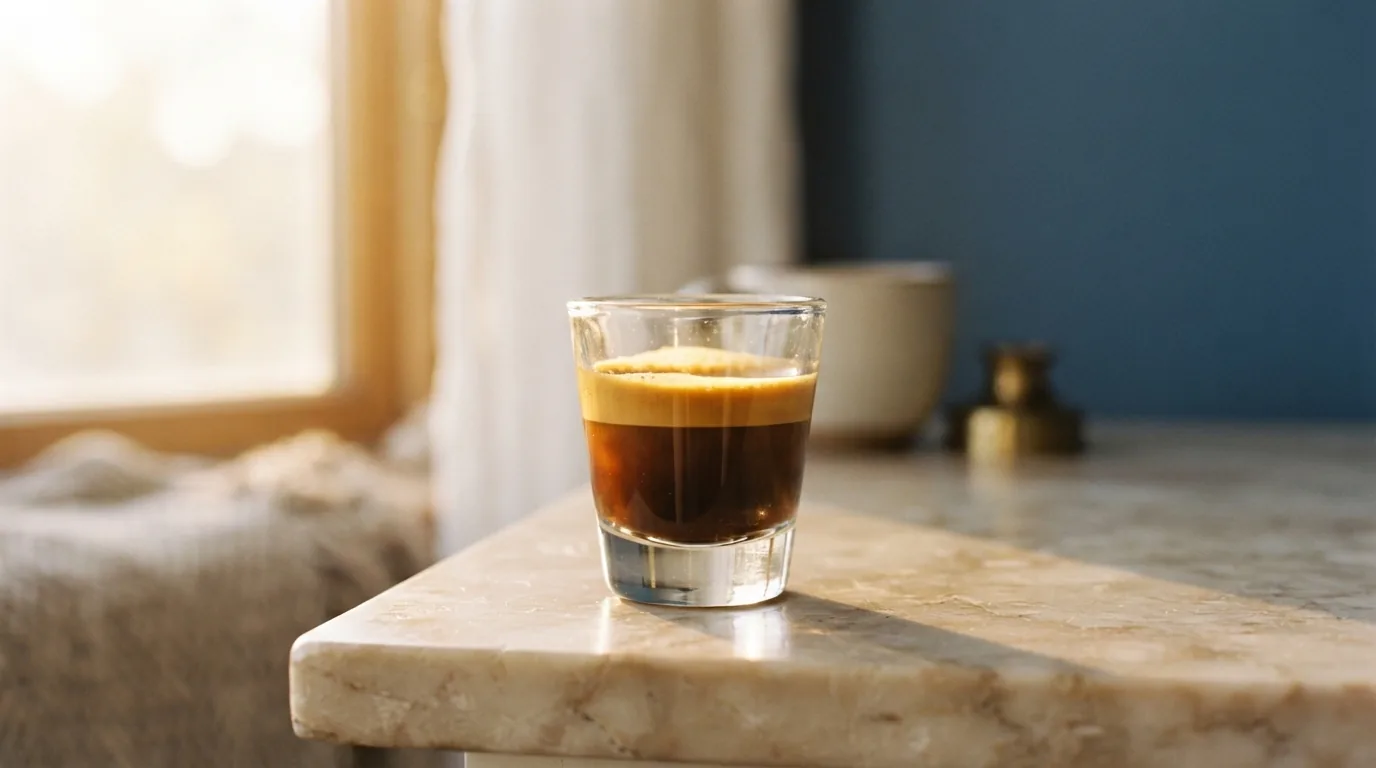 A backlit shot of espresso with rich crema, the base for a proper espresso martini