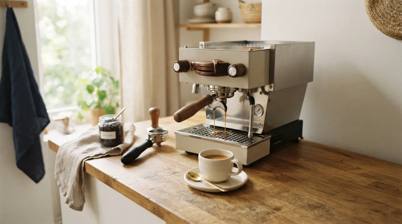 A home espresso machine on a wooden counter in a sunlit kitchen, styled as a gift