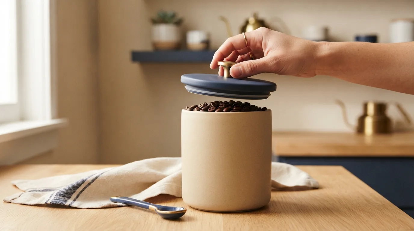 A stainless steel coffee storage canister styled on a countertop