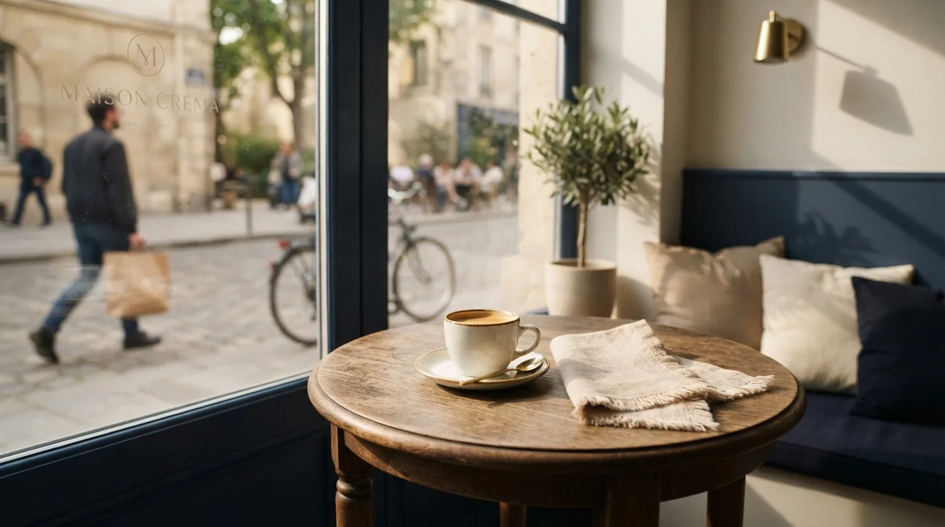 A small café table beside a window, set for coffee on the go